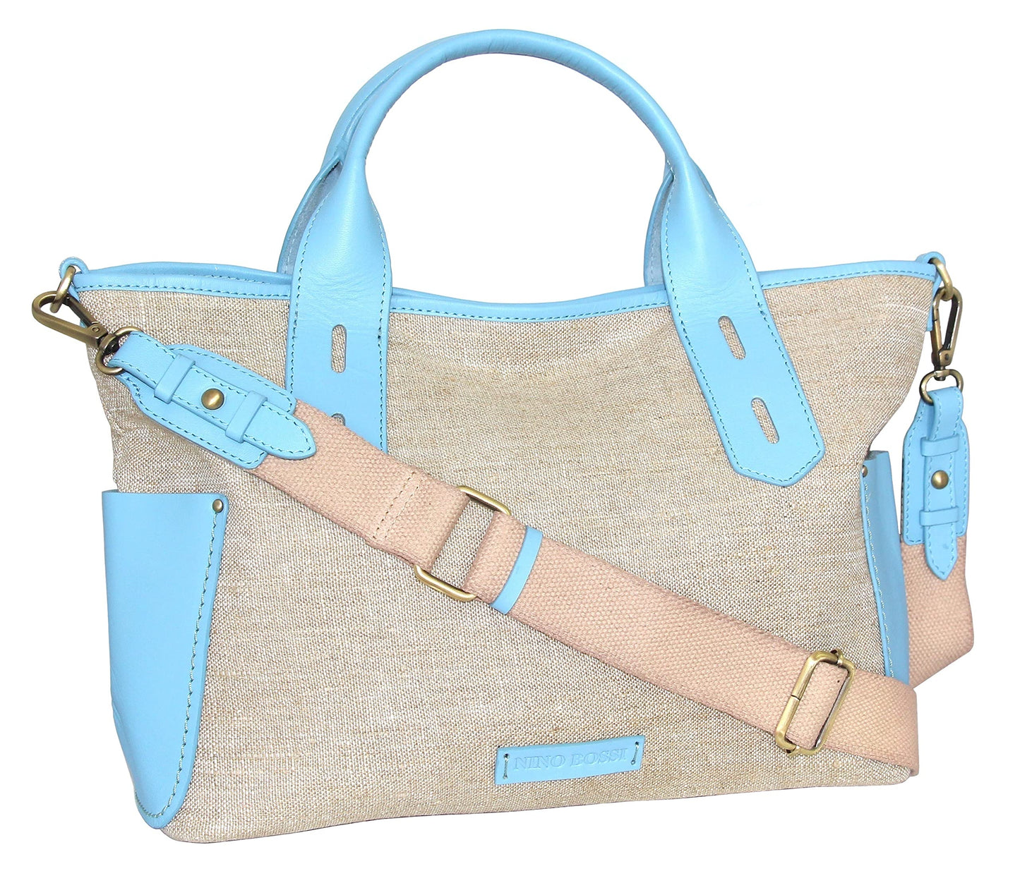 Delana Linen/Leather Tote in Sky Blue