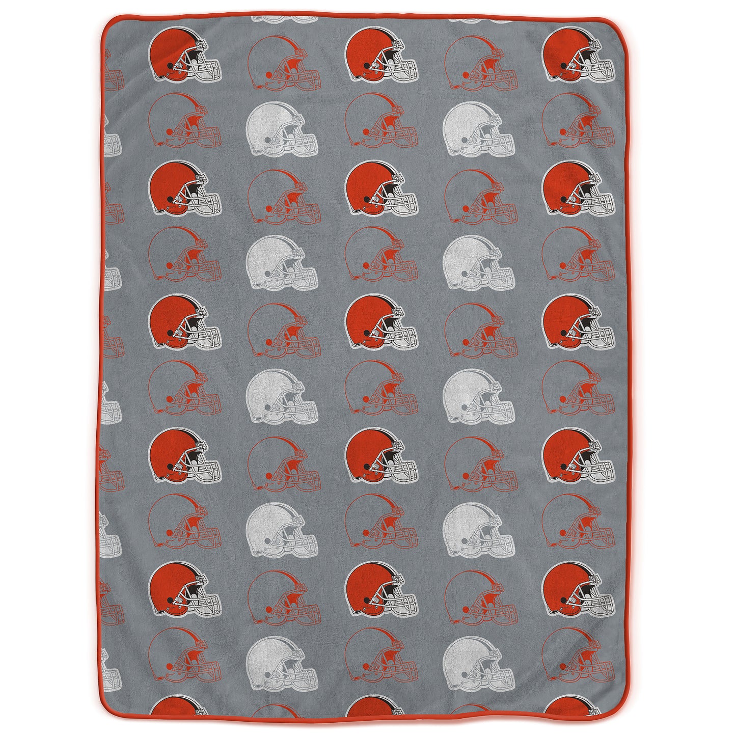 Browns blanket with red and white football helmet pattern on a white background