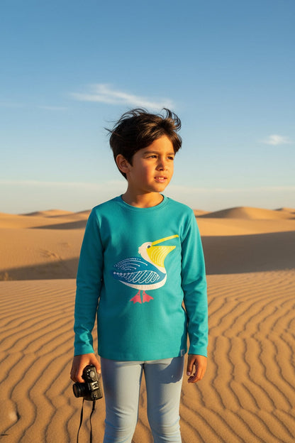 Kid's Coco Plum Everyday Long Sleeve Graphic T-Shirt | Blue Curacao Happy Pelican