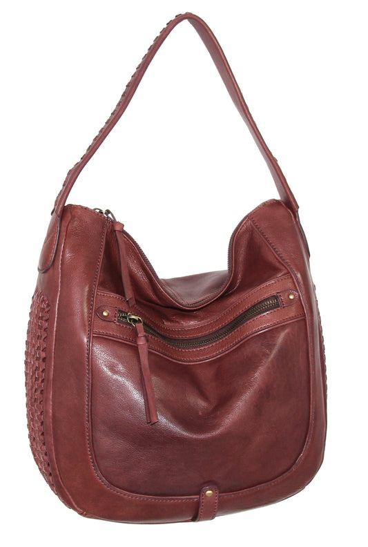Vintage Leather Woven Accent Hobo in Merlot