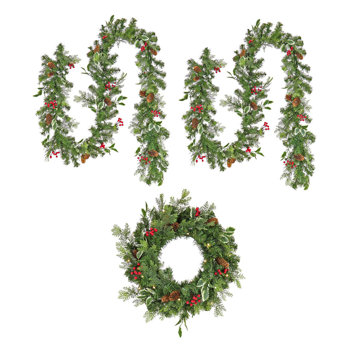 Pre-Lit Holly Garland & Wreath Set