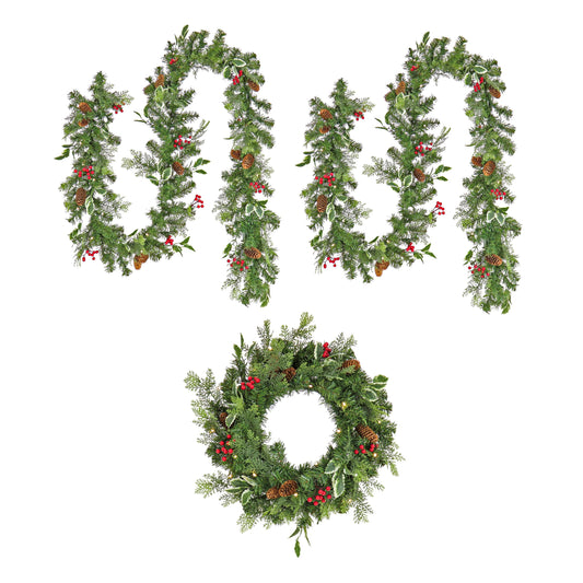 Pre-Lit Holly Garland & Wreath Set