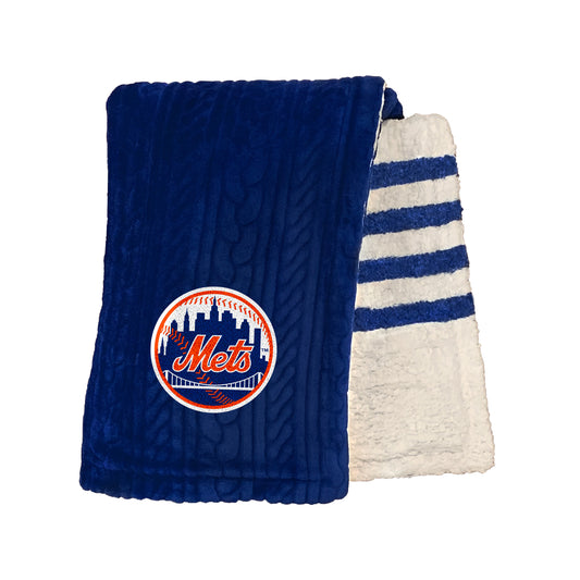 New York Mets MLB Embossed Knit 60" X 70" Sherpa Stripe Blanket W/ Embroidered Patch