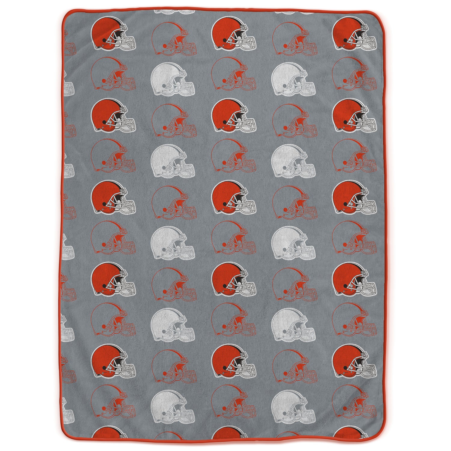 Browns blanket with red and white football helmet pattern on a white background