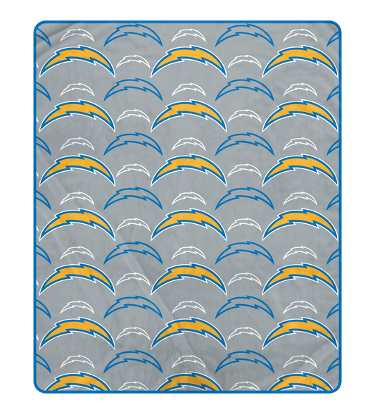 Chargers blanket with repeated logo pattern on a gray background